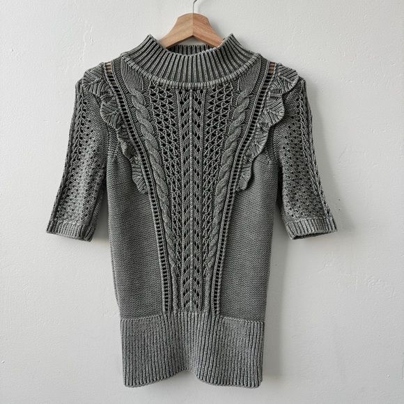 White House Black Market Green Ruffle Short Sleeve Sweater Knit Cotton Sz S - Picture 3 of 7